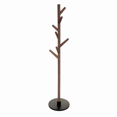 A wooden coat rack with a round base, photographed against a white background.