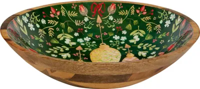 A wooden bowl with a decorative interior.