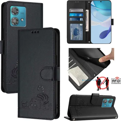 Produktbild von Leder Hülle für Motorola Edge 40 Neo Süße Katze Flip Case Brieftasche Schutzhülle mit Standfunktion Schwarz