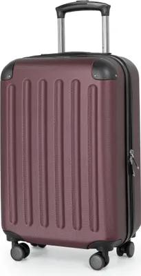 A burgundy suitcase with a retractable handle and wheels, shown against a white background.