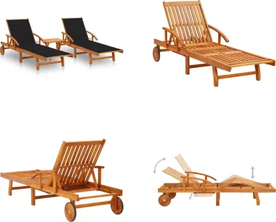 Image de vidaXL Bain de soleil 2 pièces avec table et coussins en bois massif d'acacia - Chaise longue de jardin - Chaise longue - Bains de soleil