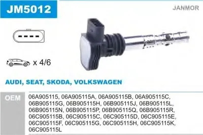 Produktbild von JANMOR JM5012 Zündspule für VW Golf IV Schrägheck (1J1) POLO (9N) PASSAT Variant (3B6) für AUDI A4 Avant (8ED, B7) A3 Schrägheck (8L1)