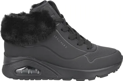 A studio shot of a black Skechers winter boot.