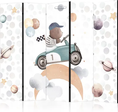 Produktbild von 5-teiliger Doppelseitiger Vlies Paravent - Galactic Races - Bear Participating in Car Races Among Planets - Clouds - and Stars in Pastel Hues 225x172 cm Für Kinder e-C-10064-z-b