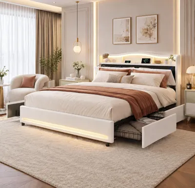Produktbild von INONEFT Polsterbett 140x200cm, Doppelbett mit LED und USB, Jugendbett mit 4 Schubladen und Stauraum im Kopfteil, bett mit Lattenrost, Samt, beige