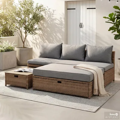 Produktbild von home24 Loungeset - 3-teilig - Polyrattan / Webstoff - Braun / Grau