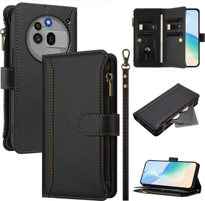 Produktbild von Handyhülle für Nothing Phone 3A Pro Reißverschluss Geldbörse Kunstleder Klapphülle mit Kartensteckplatz, Ständer, Handschlaufe Schwarz
