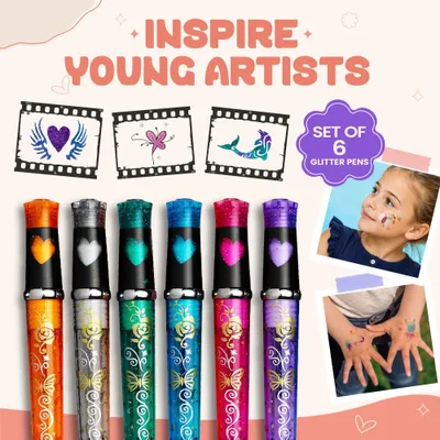 Imagen del producto de Kit de rotuladores para tatuajes, 6 colores, 6 plantillas, apto para la piel, para niños