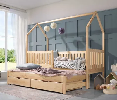 Produktbild von KEF Bett Domi Haus Ebenerdig Doppelbett mit Zwei Schubladen Kinder – Kinderbett  – Lackiert – Höhe 173 cm - 80x180 Mit Rausfallschutz Mit Matratze