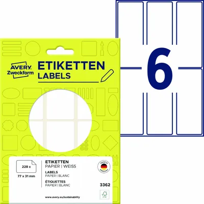 Produktbild von Avery Zweckform 3362, Vielzweck-Etiketten, 77 x 31 mm, 228 Etiketten / 38 Bögen, Weiß