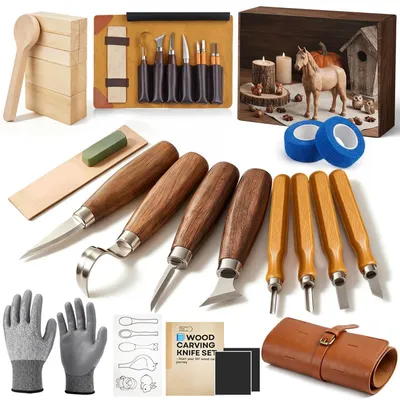 Produktbild von Holzschnitzwerkzeug Set 25-teilig für Anfänger mit Schnitzmessern, Schärfstein, Handschuhen, Lindenholz & Tasche