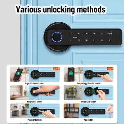 Zdjęcie produktu dla Zamek biometryczny z klamką, bez klucza, z kodem i kartą RFID, do drzwi
