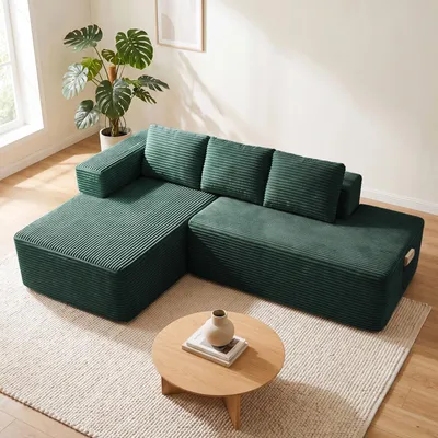 Obrázok produktu pre COMHOMA rohová sedačka s možnosťou rozloženia na lôžko, 228 cm, corduroy, modulárna, bez kostry, s chaise longue a kovovým rámom chrbta, L-tvarová sedačka s možnosťou rozloženia na lôžko, otvorená