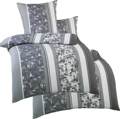 Produktbild von 4-tlg. Seersucker Bettwäsche 2x (135x200 + 80x80 cm), grau weiß, gemusterte Streifen, Reissverschluß, bügelfrei, Microfaser