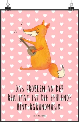 Produktbild von Mr. & Mrs. Panda Bild Fuchs Gitarre DIN A2 - Rot Pastell - Geschenk, Kunstdruck, Optimistisch, Musik, drucke, Sänger, Wandbild, Singen, Plakat, wanddeko
