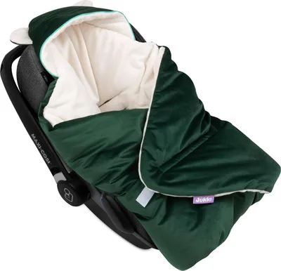 Produktbild von Decke für Kindersitz mit Kapuze und Ohren – Ecru Plüsch & Green Velvet