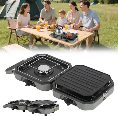 Image de Réchaud à gaz Izrielar avec 2 brûleurs, pliable, avec grille et plaque antiadhésive, sécurité anti-flamme, réchaud portable pour le camping et les voyages