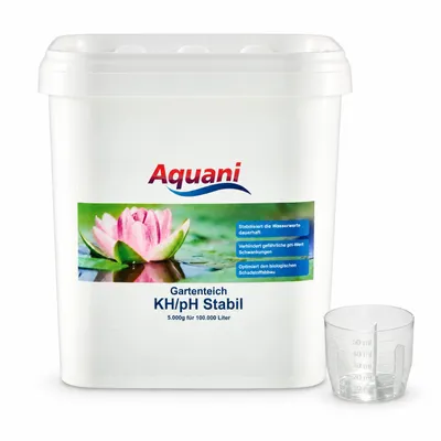 Aquani KH/pH Stabil, 5 kg mit Messbecher auf weißem Hintergrund, KI-generiertes Bild