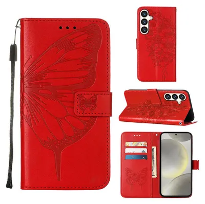 Produktbild von Galaxy S25 Hülle, Schmetterling Prägung Leder Kartenfächer Schutzhülle mit Ständer für Samsung Galaxy S25 Rot