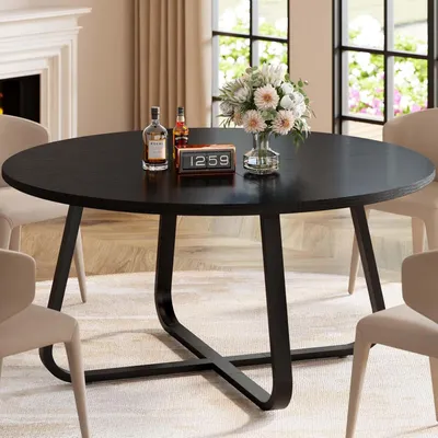 Image de Table ronde noire pour salle à manger, table moderne en métal et bois, petite table industrielle pour 4 à 6 personnes
