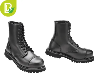 Two black leather boots are shown against a white background.