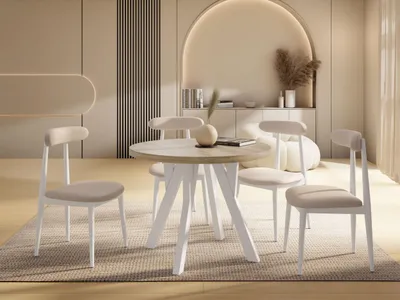 Produktbild von Runder Ausziehbarer Esstisch im Loft-Stil XXL Groß – Verlängerbarer Tisch mit Weißen Holzbeinen – Platzsparender Esstisch für Wohnzimmer – Eiche Sonoma Hellbraun – 100 bis 200 cm