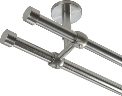 Produktbild von Gardinenstange Set Edelstahl Look Metall Ø 16mm Deckenbefestigung 2-lauf Kappe, Länge wählbar D21 E16 E16