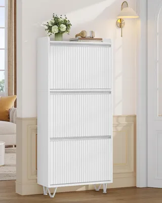 Produktbild von Schuhschrank mit 3 Klappen, Wellenförmiges Türblatt, 16-18 Paar | Schuhkipper Schmal, Verstellbar, Schuhkommode für Eingang, Flur, Garderobe, 24 x 60 x 146,5 cm, Weiß-Silber,