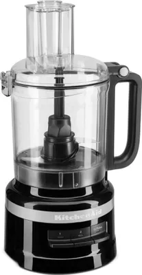 A black KitchenAid food processor is shown against a white background.