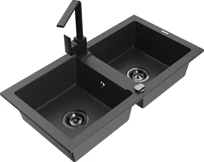 Produktbild von Mexen Mario 2-Becken-Granitspüle mit Mischbatterie Rita, Schwarz gesprenkelt - 6504-76-670300-70-B