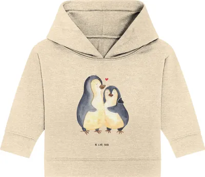 Produktbild von Mr. & Mrs. Panda Organic Baby Hoodie Pinguin umarmen 12. - 18. Monat - Natural Raw - Geschenk, Hochzeitstag, Verlobung, Verknallt, Kapuzenshirt, Liebe, Hochzeit