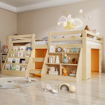 Image de Lit pour enfant Flieks, 140x200 cm, avec 2 étagères. Lit superposé, lit à baldaquin, lit superposé en bois avec barrières de sécurité, lit double avec sommier à lattes, finition naturelle