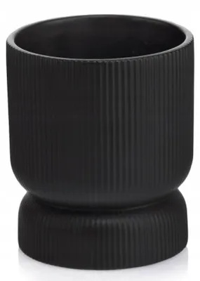 Produktbild von Runder Keramik Blumentopf 13 cm, schwarz matt geriffelt, becherförmiger Übertopf 15 cm