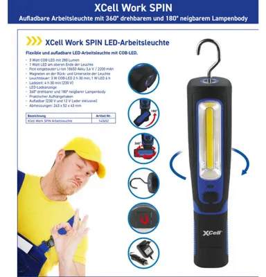 Produktbild von XCell Worklight SPIN LED-Arbeitsleuchte 360° dreh- und 180° neigbar 3 Watt COB-LED mit max. 280 Lumen