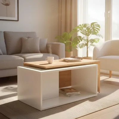 A modern living room scene with a coffee table, sofa, and plants.