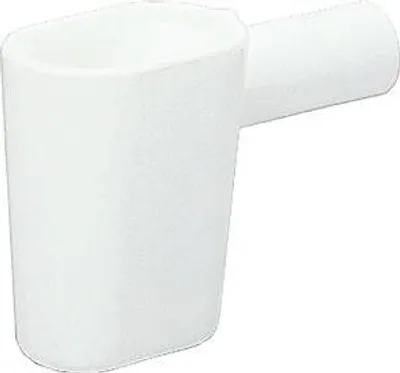 A white plastic scoop with a handle, isolated on a white background.