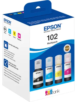 Obrázek produktu pro Epson 102 EcoTank, Originální, Černá, Azurová, Purpurová, Žlutá, Epson, EcoTank ET-4750 Unlimited EcoTank ET-4750 EcoTank ET-3750 Unlimited EcoTank ET-3750 EcoTank..., 127 ml, 70 ml