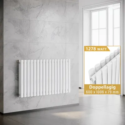 A white radiator mounted on a tiled wall, with a close-up inset showing product details.