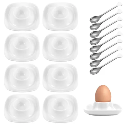 Eierbecher-Set, 8 Stück, Porzellan, weiß, mit 8 Löffeln