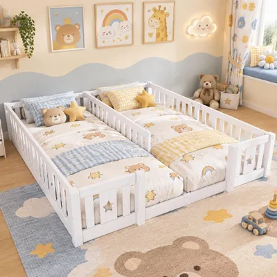 Immagine prodotto di Letto per bambini INONEFT, 90x200 cm, con protezioni laterali, letto Montessori per neonati con grate di sicurezza e rete a listelli, letto a terra, letto a due piazze, letto in legno, bianco