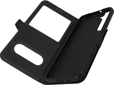 A black phone case is shown open, displaying its interior and exterior features.
