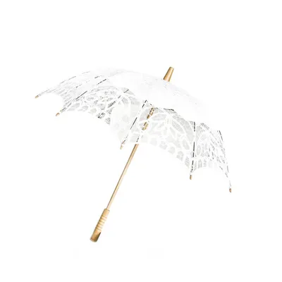 Produktbild von Elegante handgemachte Brautschirme mit Spitze mit robustem Holzgriff für Hochzeitfeier Weiß