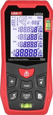 Obrázek produktu pro UNI-T LM50A Laser Distance Measure Meter 50M with 2 Bubble Levels LCD Backlit Display Pythagorean Mode Measure Distance Area Volume Mute Function 99 Groups Data Storage Carrying Bag