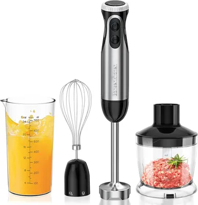 Produktbild von 4-in-1 Stabmixer Set 1000W mit stufenloser 20-Stufen-Regelung, Edelstahl-Mixfuß, Schneebesen, 500ml Zerkleinerer & 700ml Messbecher