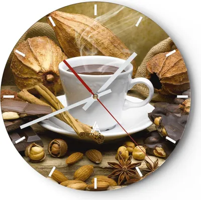Produktbild von Wanduhr - Rund - Glasuhr - Tasse Schokolade trinken Kakao - 40x40cm - Schleichendes Uhrwerk - Lautlos - zum Aufhängen bereit - Dekoration Modern - Wanddekoration aus Glas - C3AR40x40-2480