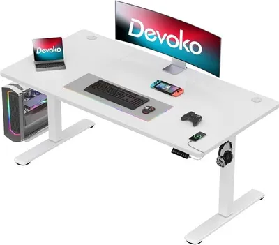 Imagen del producto de Escritorio de altura ajustable con puerto USB, 140x60 cm, color blanco