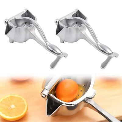 A collage showing two silver manual juicers at the top and a close-up of one juicer with an orange inside and a sliced orange next to it at the bottom.
