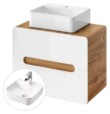 Produktbild von Waschtisch 60 cm mit Unterschrank in Hochglanz Weiß und Wotan Eiche Nachbildung, 40 cm Keramik-Waschbecken, Softclose-Schubkästen
