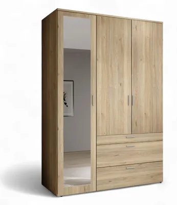 Produktbild von Stella Trading Vesala Kleiderschrank 3-türig Spiegeltür Mauvella Eiche 135x195x56cm
