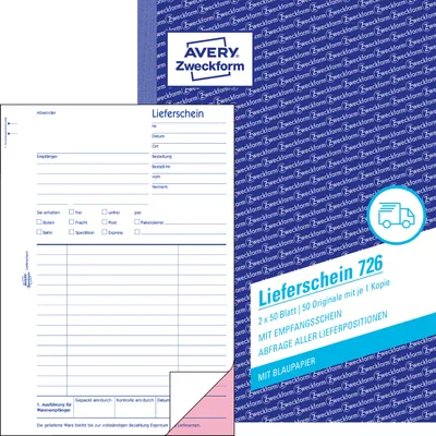 Produktbild von Avery Zweckform 726, Lieferscheine mit Empfangsschein, A5, mit Blaupapier, 2x50 Blatt
